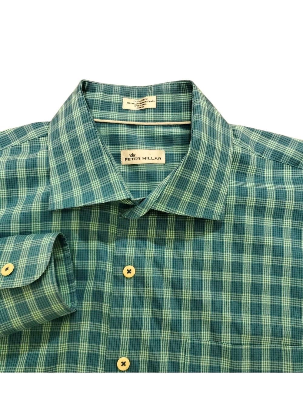 Peter Millar Blue Green Plaid Stretch Button Down Shirt Mens XL